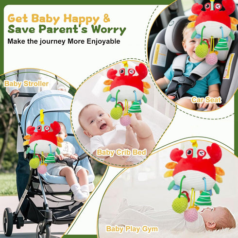 ElapseGlow 18 Tummy Crab Baby Toy - Clip-On Hanging Sensory Toy for Car Seat, Stroller, Gym with Squeaker, Crinkle