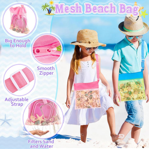 Meaicezli 2 Packs Beach Toys, Sand Toys for Shell Collecting, Collapsible Sand Buckets Shark Tooth Sifter and Mesh Bag