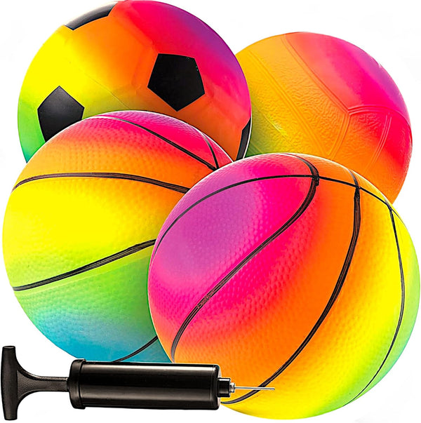 Mini Rainbow Sports Balls - 5 Inch (Pack of 4) Inflatable Vinyl Balls for Kids with Hand Air Pump for Indoor and