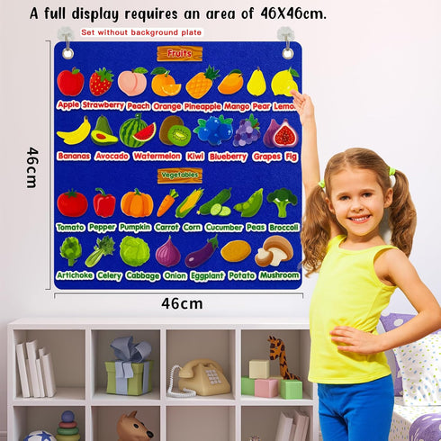 62 Felt Board Pieces for Learning Fruits and Vegetables, Felt Flannel Board for Kindergarten, Preschool, Toddlers