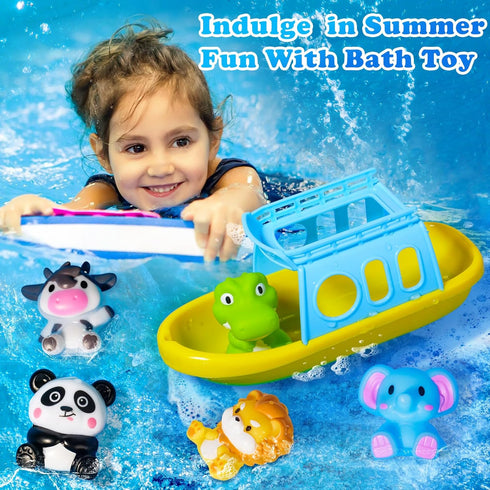 Set 1+ 5PCS Summer Oriate Bath Toys for Year Old, Mold Free Silicone Animal Finger Puppets with BPA Free Boat