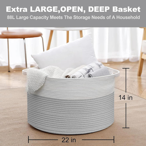 XXXL Large Cotton Rope Basket - 22" X 14" Blanket Basket for Living Room, Kids Toy Storage, Giant Woven Organizer