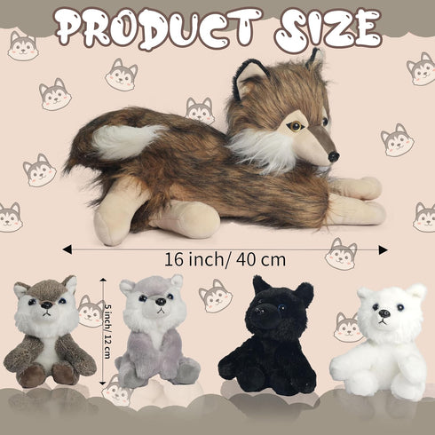 5 Pcs Wolf Plush Set, 16 Inch Stuffed Animal with Mini Baby Wolves, Soft Plushie for Birthday Party Favors