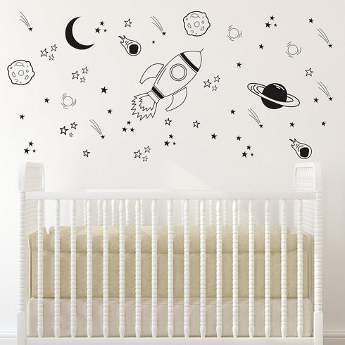 A37 Black Space Themed Room Decor, Rocket & Ship Wall Decals for Baby Boys Nursery