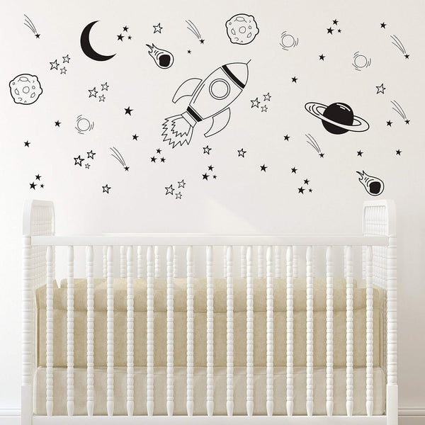 A37 Black Space Themed Room Decor, Rocket & Ship Wall Decals for Baby Boys Nursery
