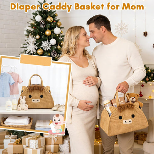 Highland Cute Cow Baby Diaper Caddy Organizer, Woven Cotton Rope Basket for Nursery, Portable Diaper Caddy Empty Gift