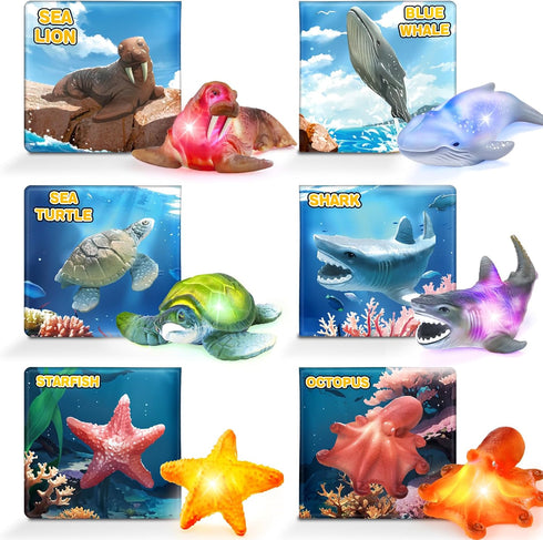 6 Pack Light Up Bath Toys & Magic Bath Book & Storage Bag for Toddler, No Hole Floating Ocean Animal with LED Flashing