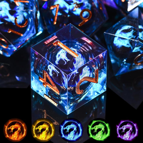 AUSTOR 7 Pieces Blue Flame Dragon Resin Dice Set - DND Dice for Role Playing Dungeons and Dragons with Case