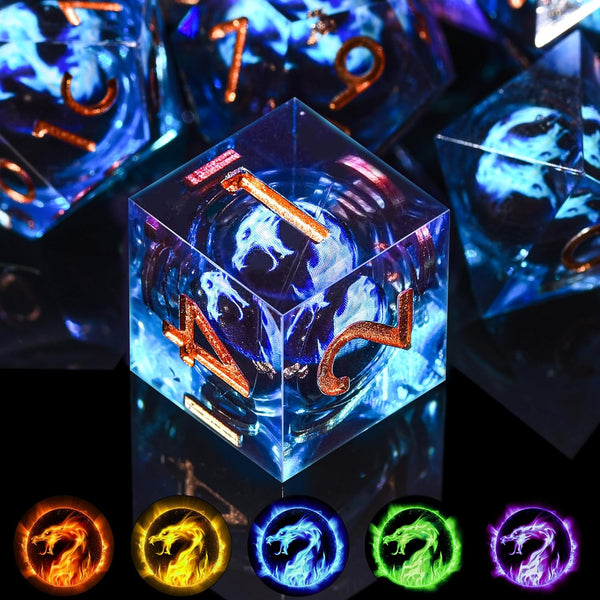 AUSTOR 7 Pieces Blue Flame Dragon Resin Dice Set - DND Dice for Role Playing Dungeons and Dragons with Case