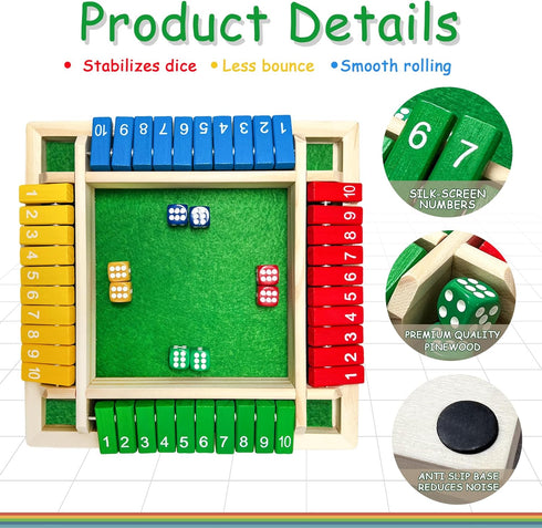 HENNAED 4-Player 8 4+ Shut The Box Game, Wooden dice Game with Dice and Shut-The-Box Instructions for Kids Adults
