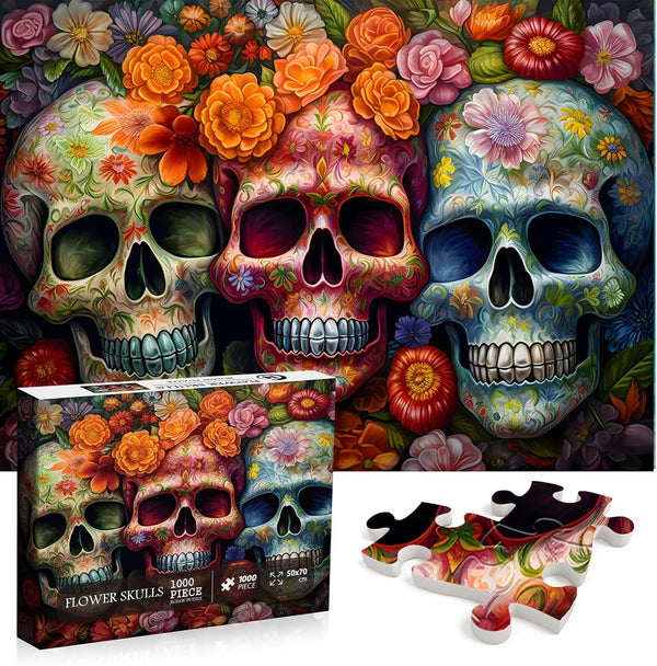 Day of The Dead Sugar Skull Puzzles for Adults 1000 Pieces, Halloween Flower Skeleton Puzzle