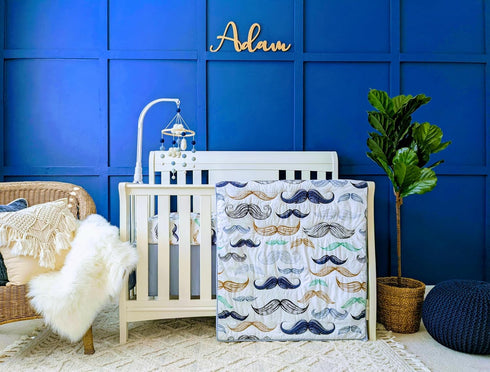 100% 4-Piece Set 2 Noisy Mouse - Boho Little Man Mustache, Premium, Organic Cotton Baby Boy Nursery Bedding Crib | Baby