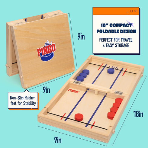 (18") 2 Pinbo Sling Puck Game Premium Wooden Foldable Board | Player Tabletop Game for Adults & Kids | Travel Friendly