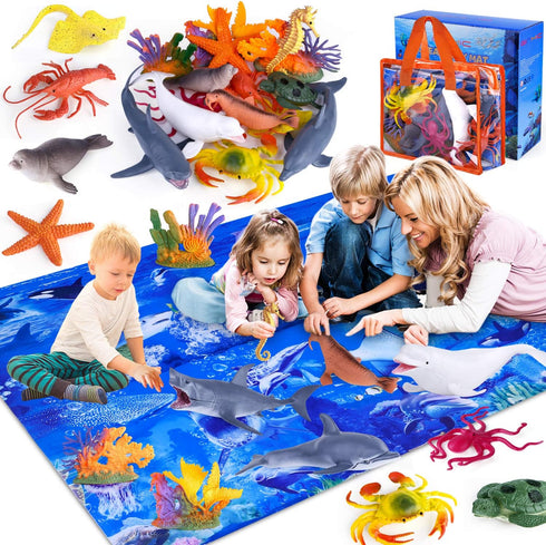 GINMIC Kids Ocean Animals Toys with Large Play Mat , 18 Pack