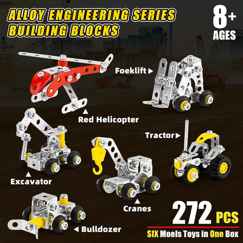 272 PCS Stem Building Toys, Metal Construction Vehicles & Helicopter Model Kit, 6 Models Erector Sets for Boys Age 8-12