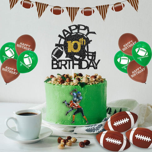 Black & Gold Glitter Football Happy 10th Birthday Cake Topper - Football Theme Party Decoration, 10th Birthday Party