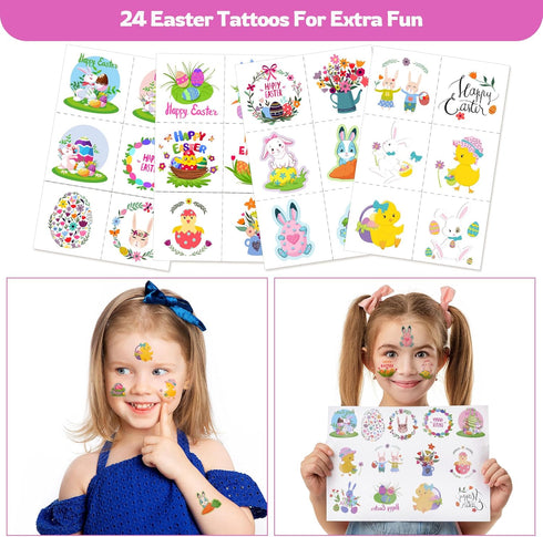 24 Pack Prefilled Easter Eggs With Toys, Stamps with Easter Tattoos Easter Basket Egg Hunt Stuffers, Pre Filled Easter