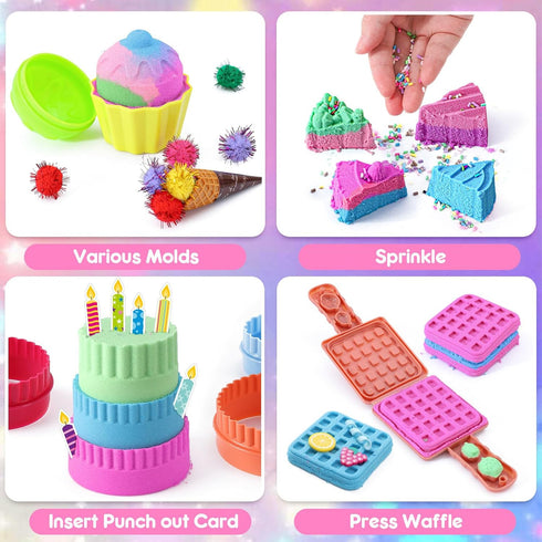 2lb Set 3 4 5 6 7 8 Golray Ice Cream Sensory Bin for Girls, Play Sand Art Kit with Sandbox, Magic Sand, Cake & Waffle