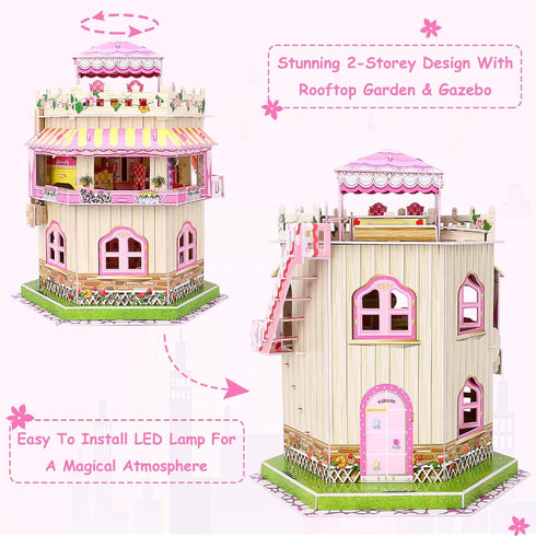 Rooftop Romance 3D Puzzle Dollhouse for Girls, Easy to Assemble Miniature Doll House Building Kit with LED Light