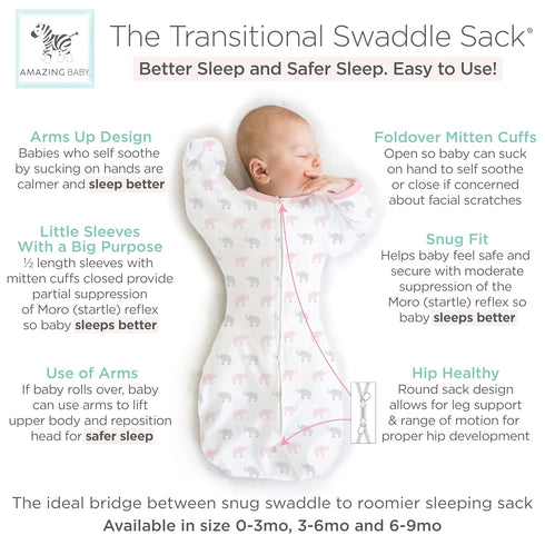 Amazing Baby Transitional Swaddle Sack - Arms Up Half-Length Sleeves & Mitten Cuffs, Swaddle for Newborn, Small, 0-3