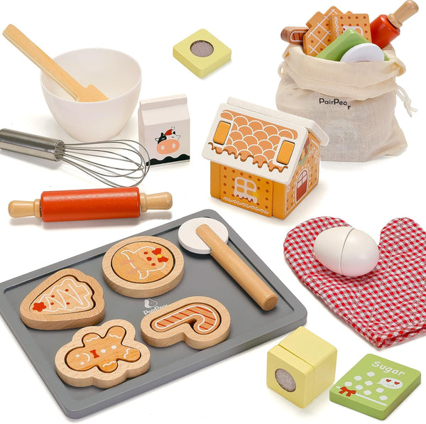 PairPear Gingerbread House Baking Playset 29 Piece Wooden Christmas Cookie Baking Kit,