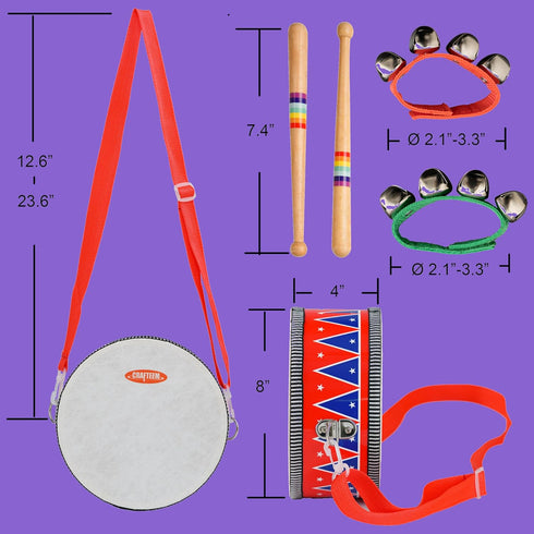 Set CRAFTEEM Kids for Toddlers - Baby Musical Toy w/Wrist Bells, Drum Sticks & Fun Drum Instrument for Boys & Girls