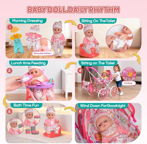 Set 12.5'' Chair&2 Set Playset 3 4 5 Baby Doll Stroller Toys with Baby Dolly, Baby Doll Accessories with Dining