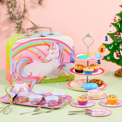 35Pcs Set Set, 3 4 5 6 JOYIN Unicorn Tea Party for Little Girls, Pretend Tin Teapot Princess Tea Time Play Kitchen Toy