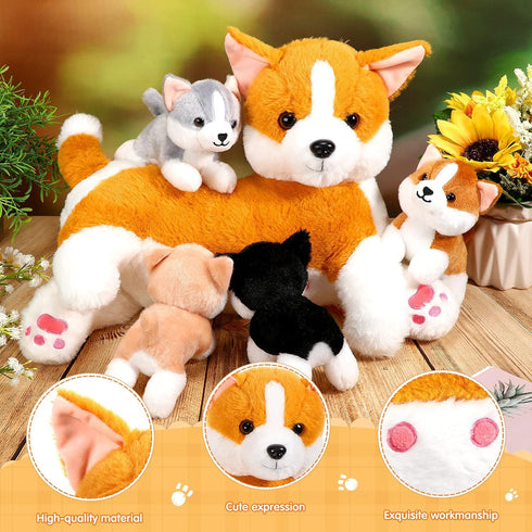 Honoson Nurturing Dog Stuffed Animal with Puppies Set, Nursing Mommy Dog Plush with 4 Baby Puppies