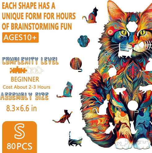 Wooden Puzzles for Adults - Advanced Maine Cat Wooden Puzzle Unique Shape Puzzels Wooden Jigsaw Puzzles for Adults, Kids, Wood Puzzles Adult Perfect for Birthday, Family Puzzles 8.3 x 6.6in 80pcs