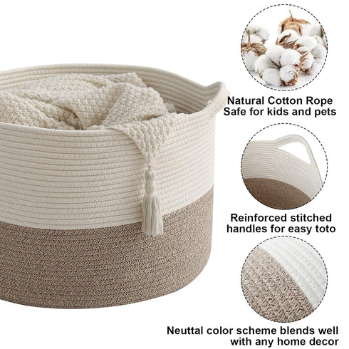65L Large Woven Cotton Rope Blanket Basket with Handles, Laundry Hamper Storage Bin for Pillows, Clothes, Bedroom