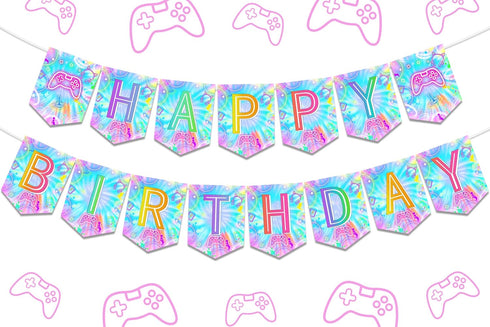Video Game Birthday Decorations Banner: Tie Dye Neon Happy Birthday Banner for Gamer Theme Party