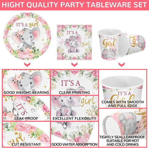 Hushee 200 Pcs Pink Elephant Baby Shower Party Supplies - Paper Plates, Napkins & Cups for 50 Guests