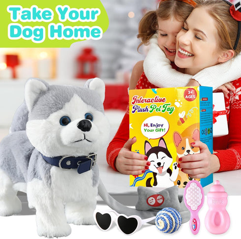 HCdoujoy Husky Walking Dog Barking Toy, Musical Singing Dancing Volume Control Interactive Puppy Walk Along with Leash