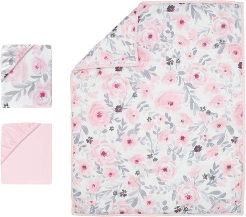 3-Piece Set Bedtime Originals Blossom Pink Watercolor Floral Mini Crib Bedding