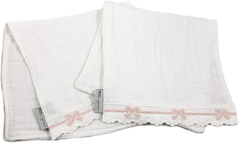 Set (2)) MEG ORIGINAL Baby Burp Cloth - Heirloom Collection - Handmade in The USA (Pink Bows on Cotton