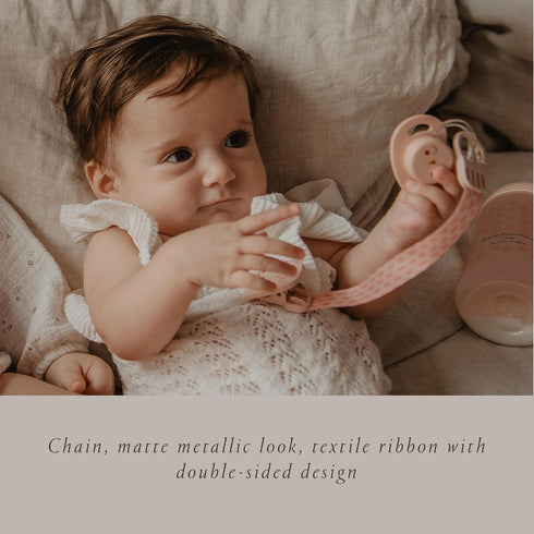 (0mo+), Suavinex Bonhomia Premium Baby Pacifier Clip with Ribbon, Stylish Binky Clips with Double Sided Design, Baby