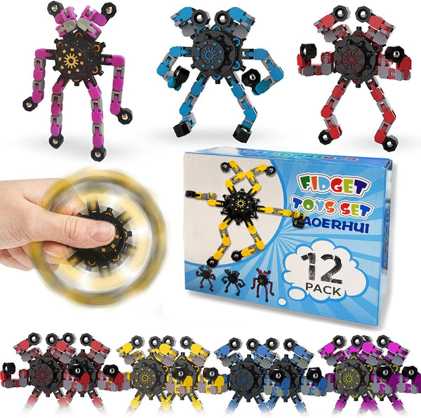 12 Pack Funny Sensory Fidget Toys, Deformable Chain DIY Robot Spinners for Stress Relief, Birthday Gifts, Goodie Bag