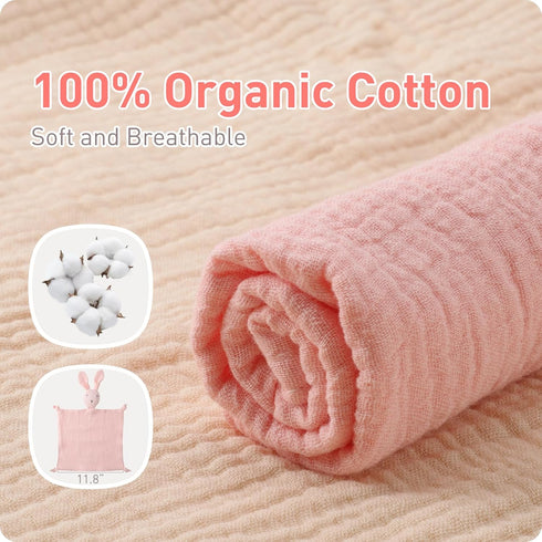 Organic Cotton Bunny Loveys, Soft & Breathable Newborn Security Blanket for Baby Boy Girl, Muslin Fabric