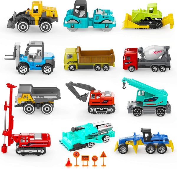 17 Metal Construction Vehicles Toys, Mini Excavator Wheels Cars for Boys Kids Toddlers Christmas Party Favors