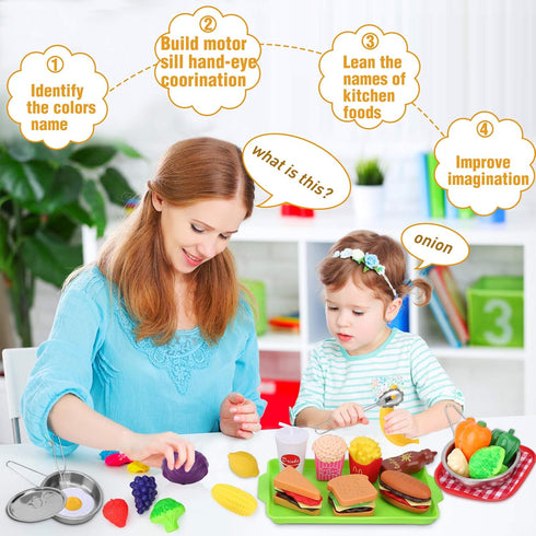 Sets 46Pcs, Set 3 4 Play Food for Kids Kitchen, Play Kitchen Accessories Stainless Steel Cookware Pots and Pans