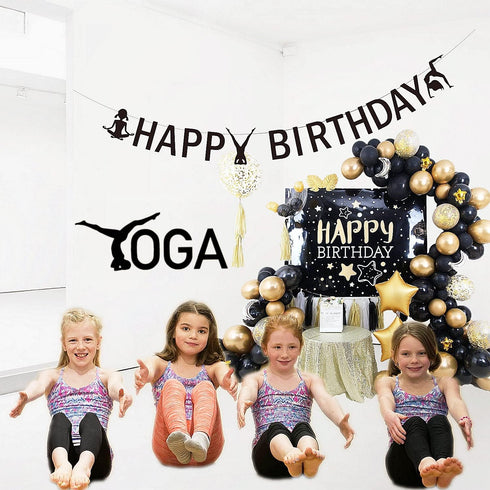 Yoga Birthday Decoration Kit with Banner & Muffin Cupcake Toppers, Yoga Girls Silhouettes for Kids Birthday Baby Shower