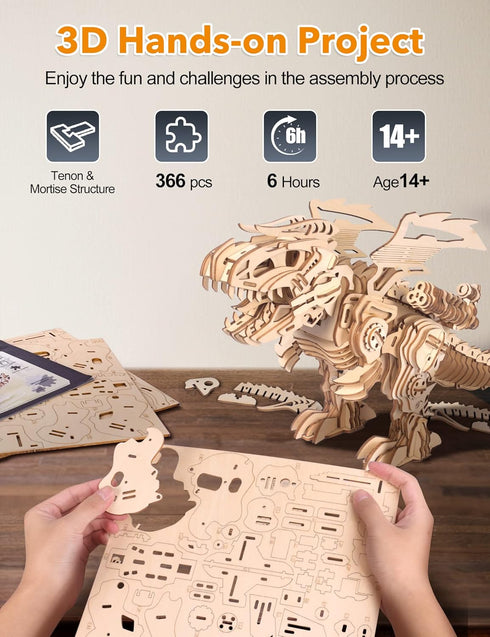 MIEBELY 3D Wooden Puzzles for Adults, T-Rex Dinosaur Model Kits that Walk and Roar, Mechanical Dinosaur Toys for Kids