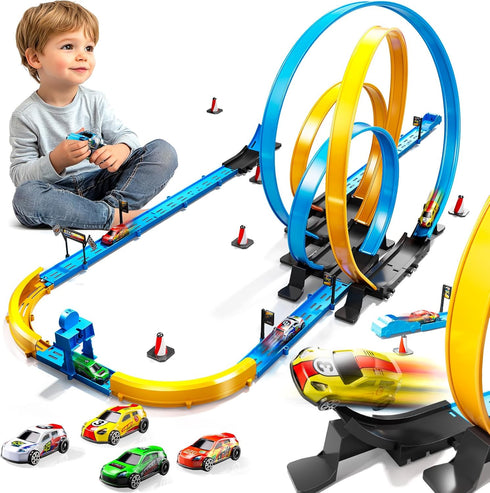 LILYBUDS Set 3-5 4-7, 4 4-6 8-12 Toy Car Race Track for Boys Kids Age Race Tracks with High-Speed Pull Back Race Cars
