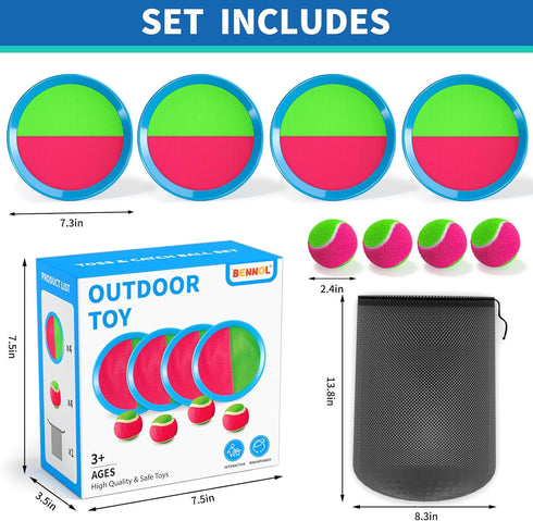 Bennol Toss and Catch Ball Game for Kids, 4 Paddles, 4 Balls & Storage Bag, Outdoor Toys for Ages 3-10