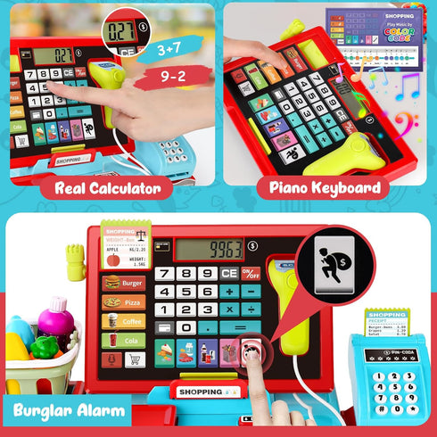 52PCS 3 4 5 6 maysida Toy Cash Register for Kids with Sound Music/Scanner/Microphone/Credit Card/Play Money, Pretend