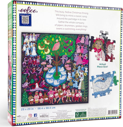 eeBoo Piece & Love: 12 Days of Christmas 1000 Piece Puzzle - Square Adult Holiday Jigsaw, 23x23, Includes Image Insert