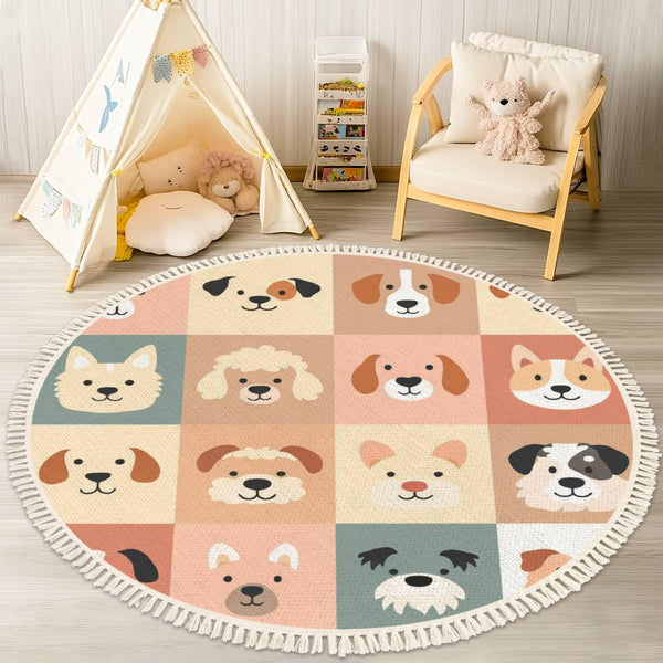 DNEWYNPABV Round Boho Rug Cute Dogs for Kids and Baby Animals Nursery Poster