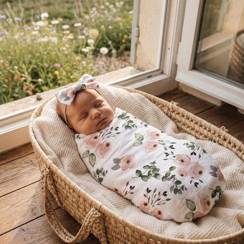 Set 0-3 Receiving Blankets for Baby Girls Swaddle Blanket with Headband for Month Cotton Knitted Newborn Swaddle Wrap