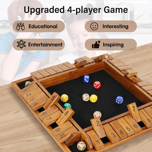 14 inches 8+4 2-4 4-Sided 10 VAMSLOVE Upgraded Shut The Box Dice Game Wooden Board Table Math Game with Dice for Player